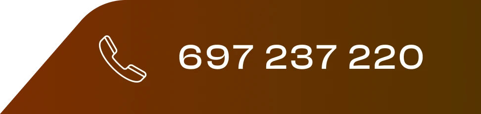 Ikona telefonu i numer kontaktowy 697 237 220 na brązowym tle